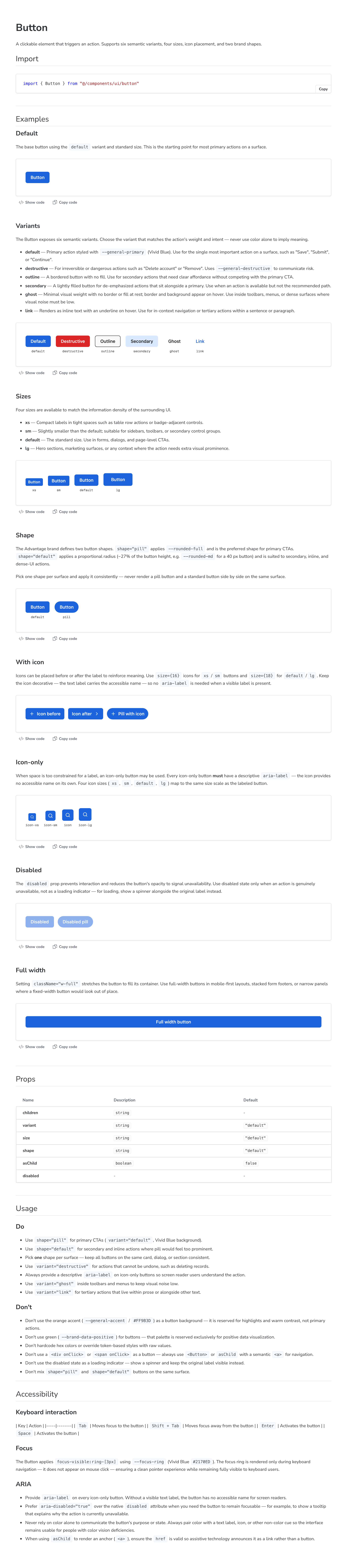 Button documentation page in Storybook — usage, variants, and accessibility guidance
