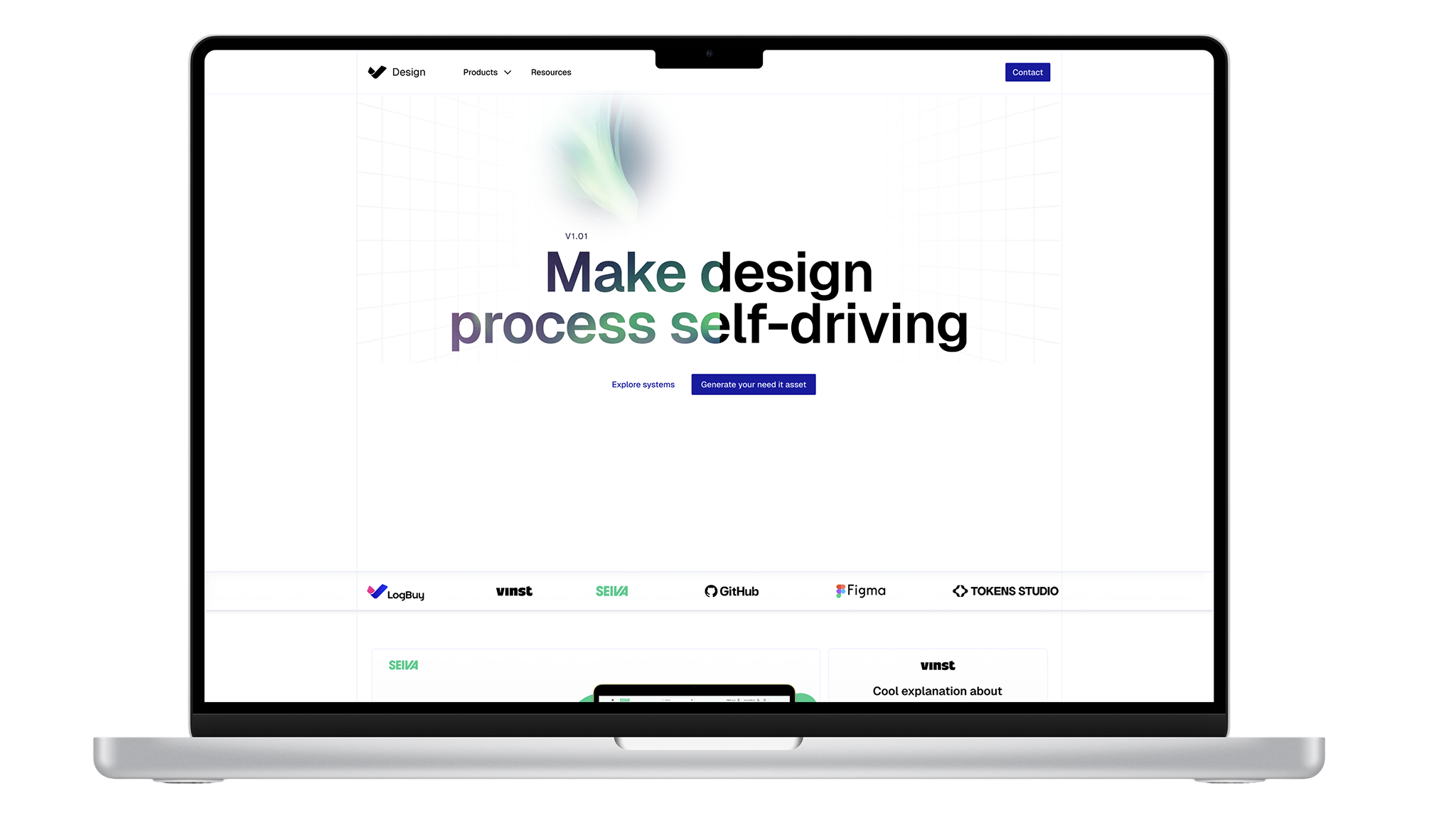 The Advantage Design System landing page — “Make design process self-driving” — with LogBuy, Vinst, Seiva, GitHub, Figma and Tokens Studio
